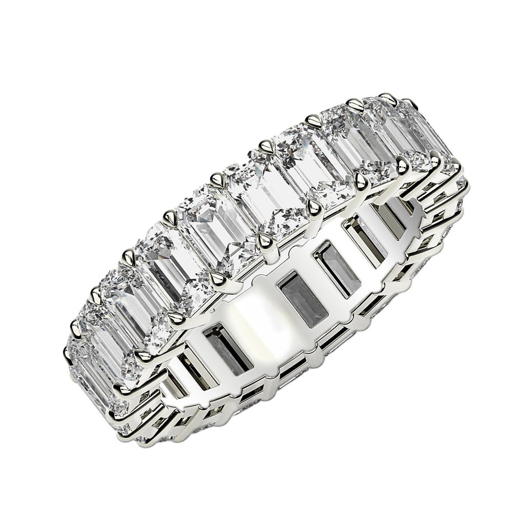 Emerald cut lab-grown diamond eternity ring in 14k white gold, featuring a modern design with 2 cttw FG/VS2 diamonds.