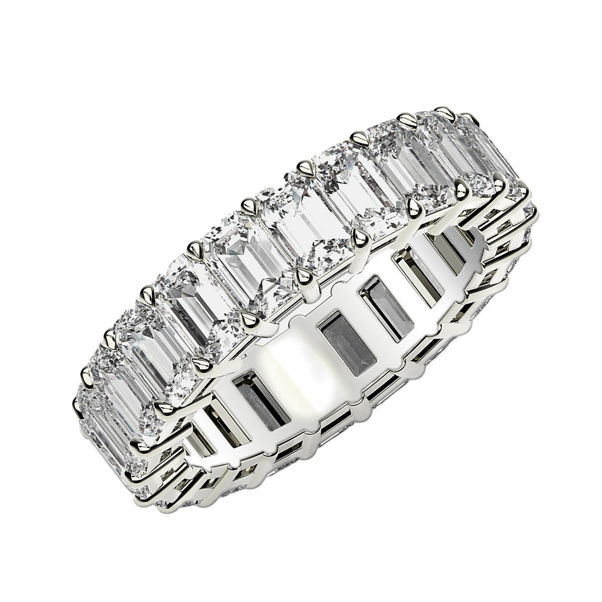 Emerald cut lab-grown diamond eternity ring in 14k white gold, featuring a modern design with 2 cttw FG/VS2 diamonds.