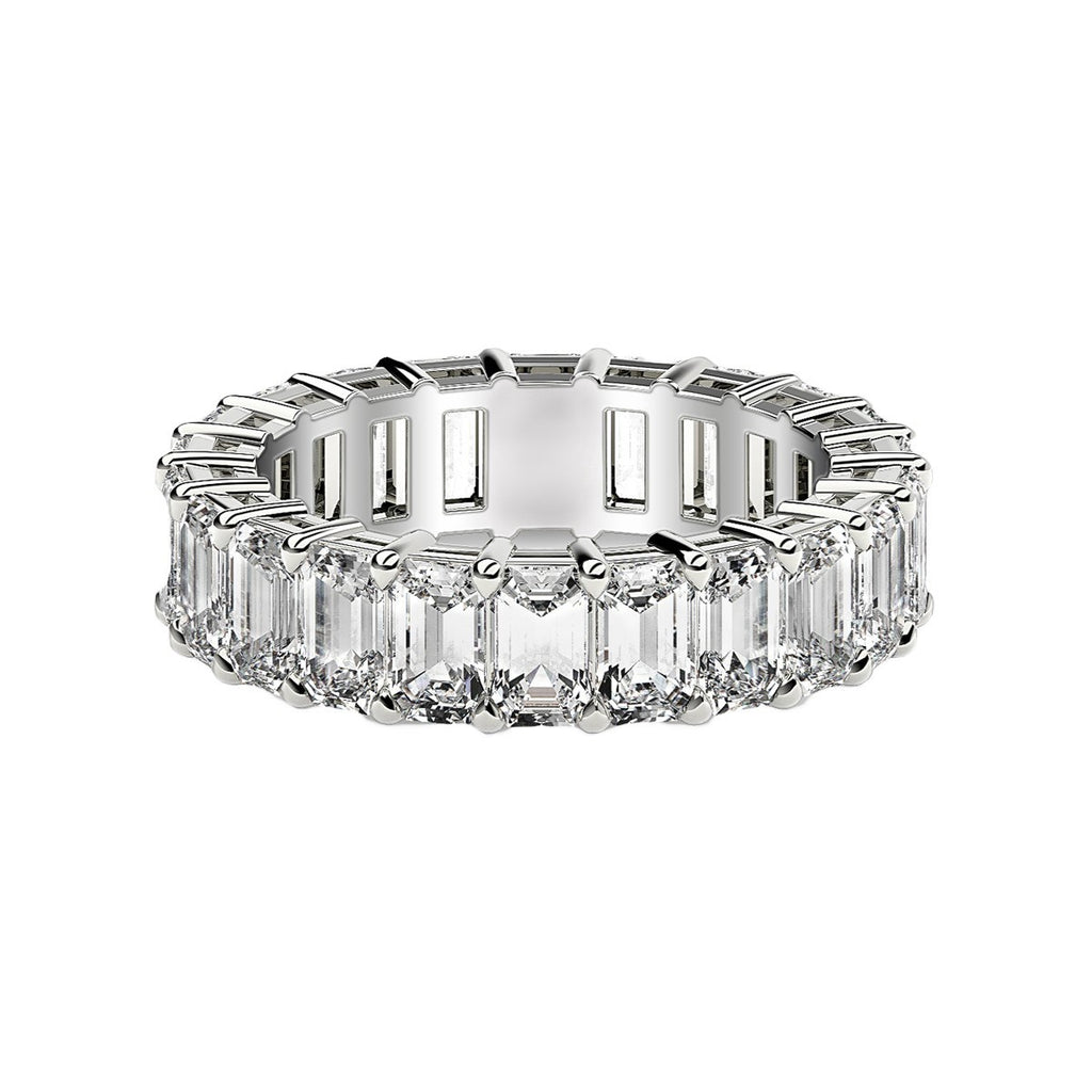 Emerald cut lab-grown diamond eternity ring in 14k white gold, showcasing modern elegance and timeless luxury.