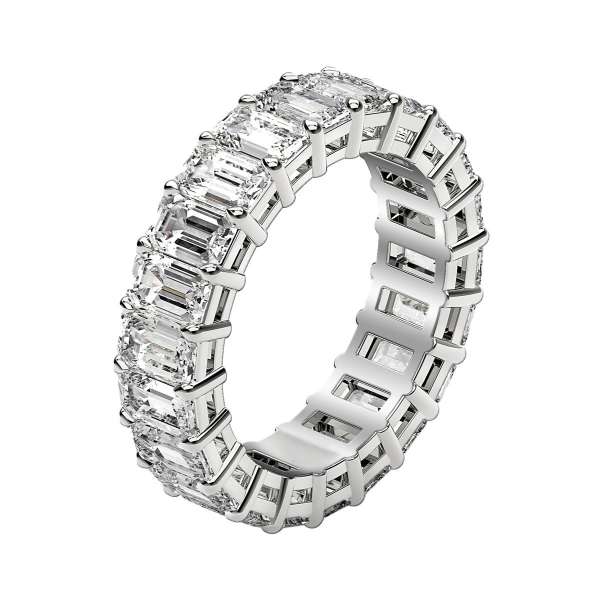 Emerald cut lab-grown diamond eternity ring in 14k white gold, showcasing modern elegance and timeless luxury.