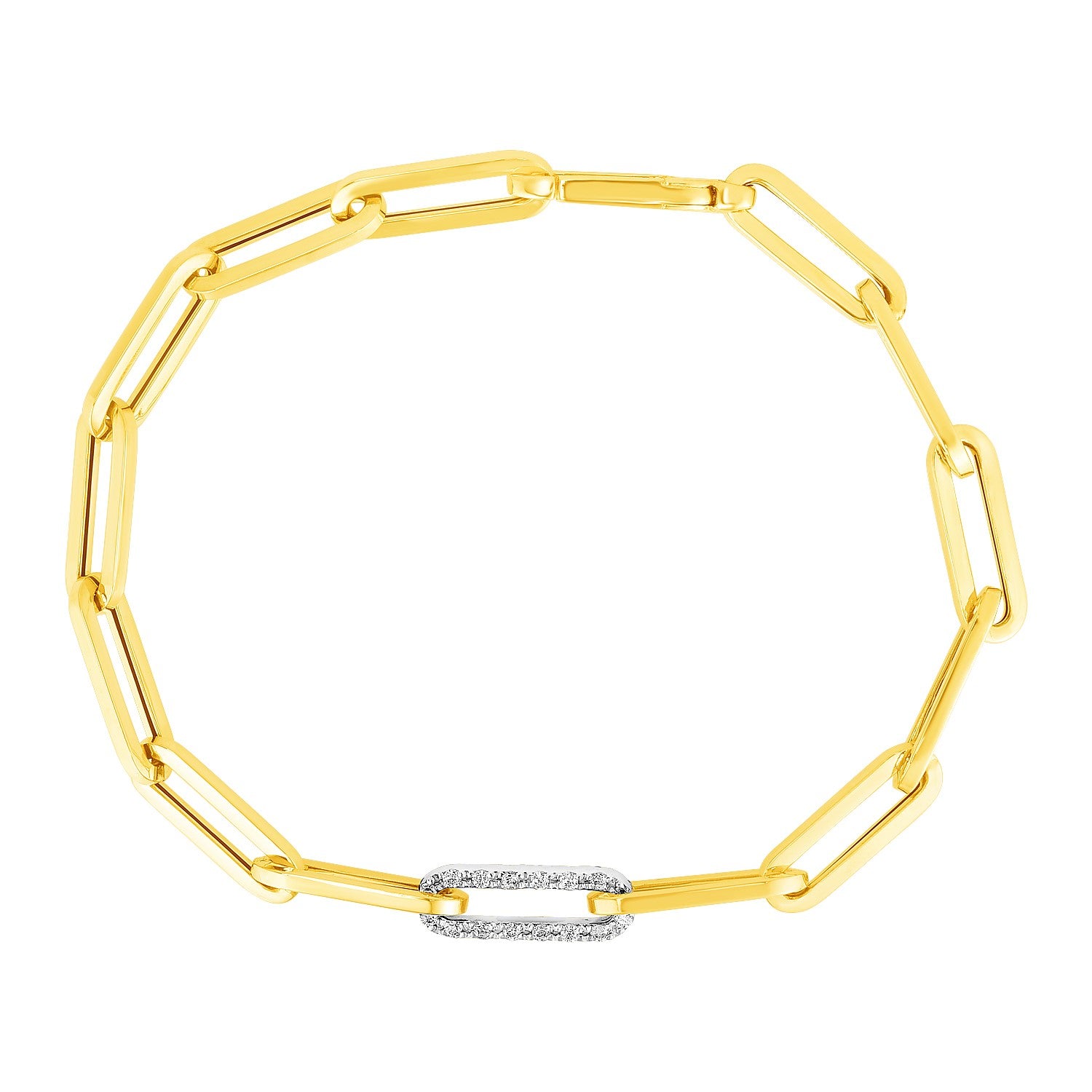 14k yellow gold paperclip chain bracelet featuring a diamond link, modern design with elegant round accents.