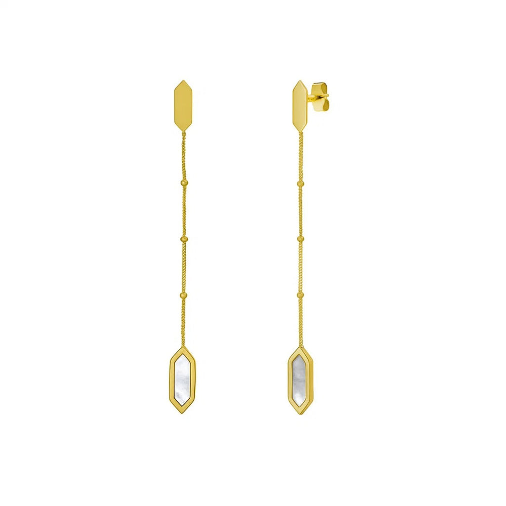 14K yellow gold drop earrings featuring elegant mother of pearl and delicate chain for a modern, luxurious look.