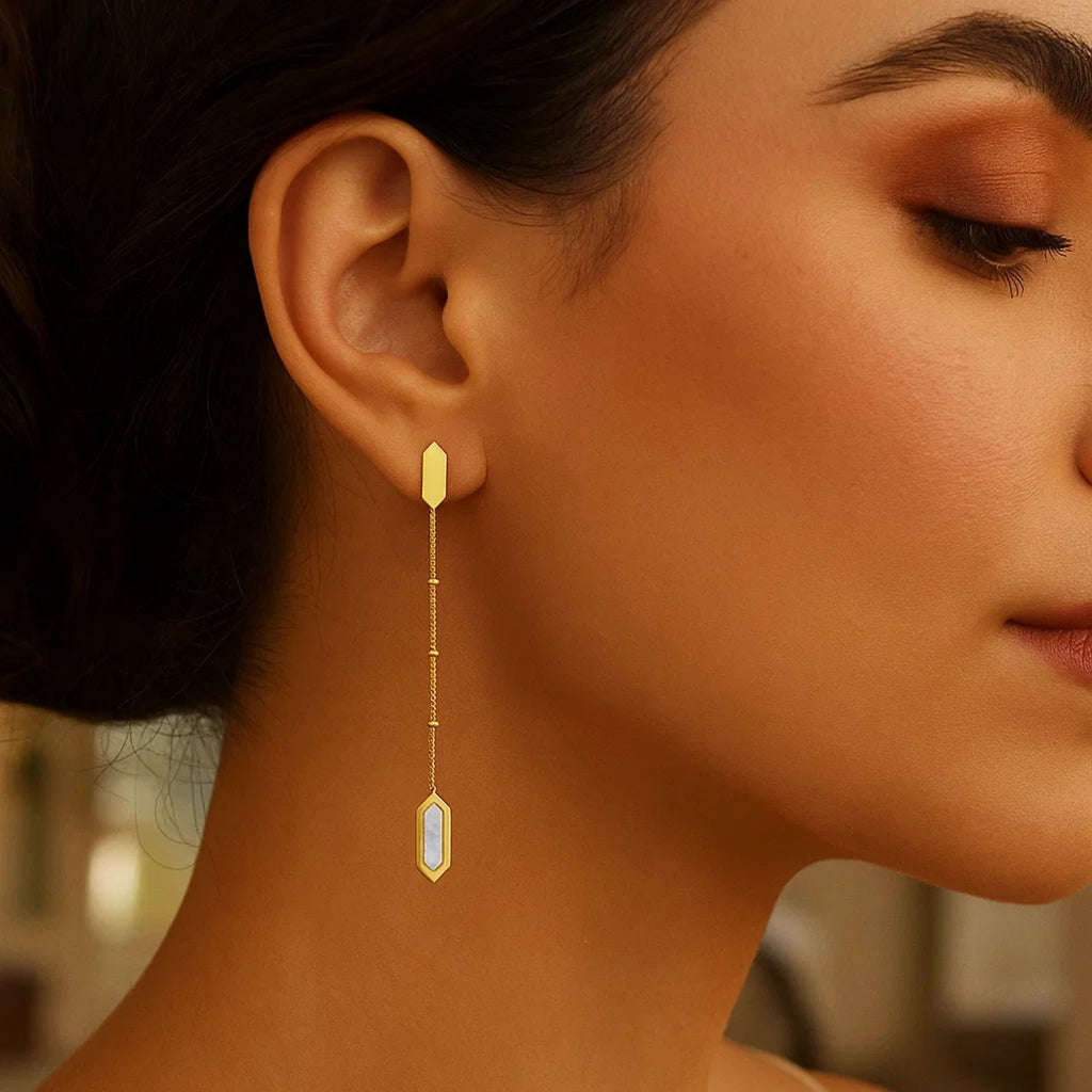 14k yellow gold drop earrings featuring elegant mother of pearl and delicate chain design for a modern touch.