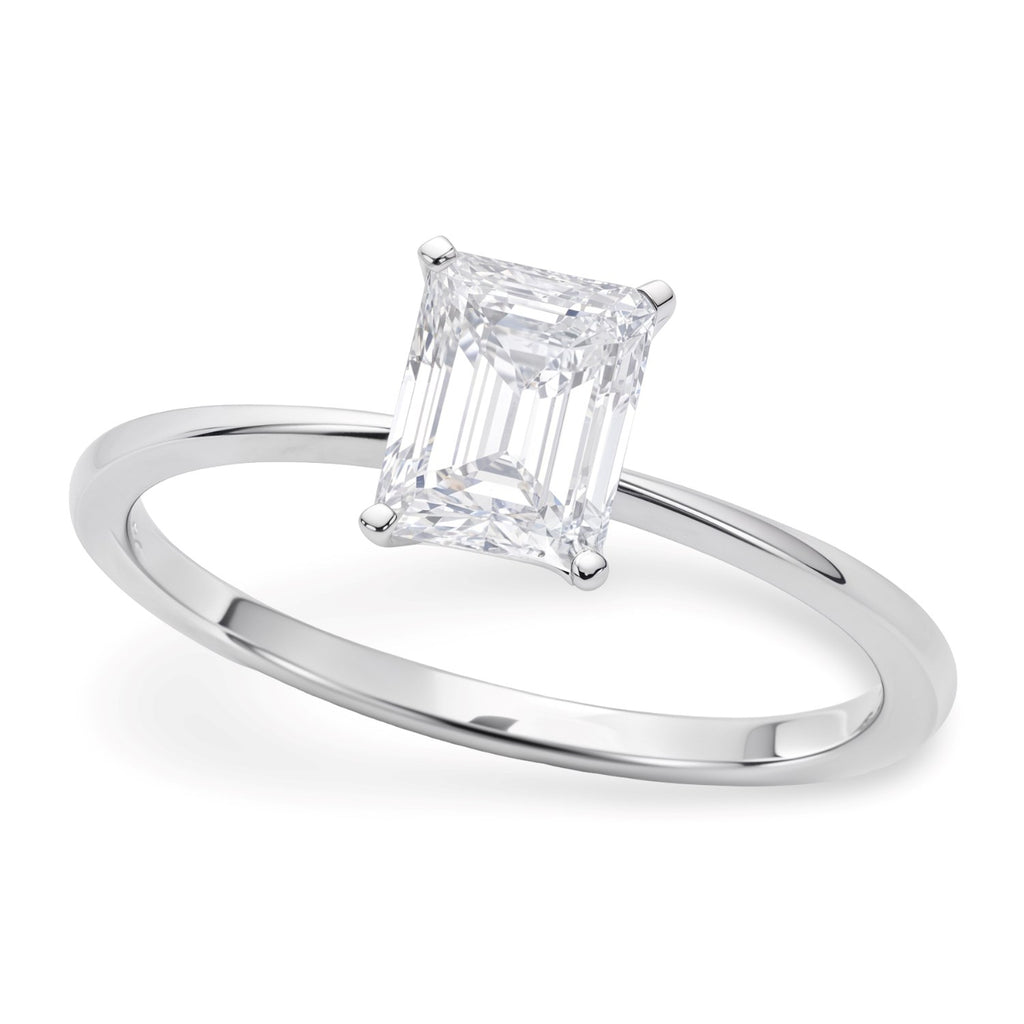 1 carat radiant lab-grown diamond solitaire ring in elegant 14k white gold setting, perfect for timeless luxury.