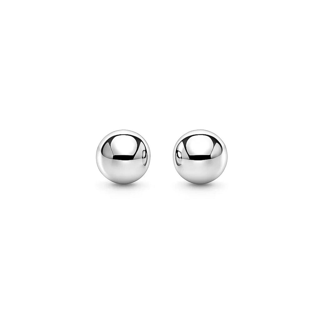 14k white gold spherical stud earrings, modern design, perfect for elegant everyday wear.