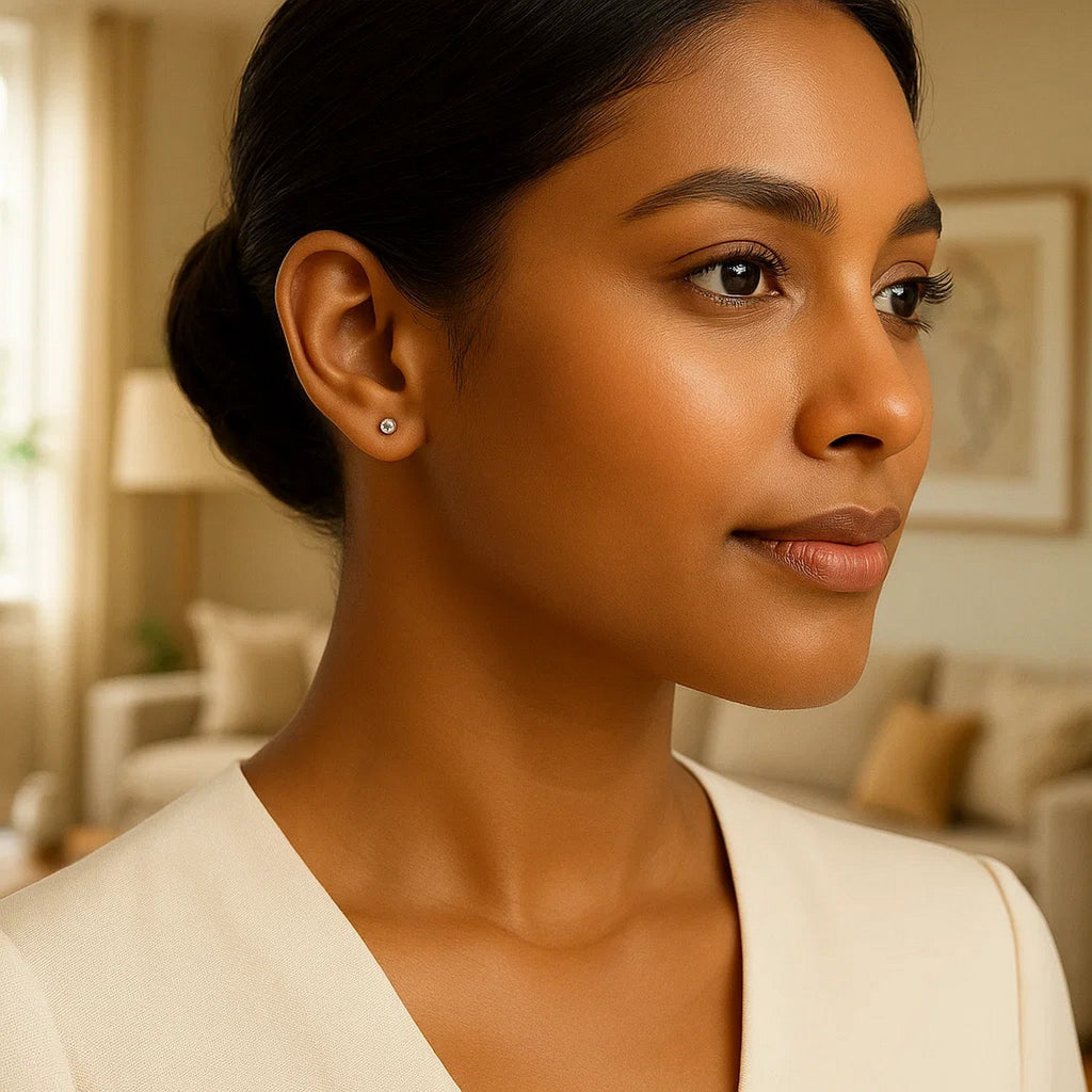 14k white gold spherical stud earrings, modern design, featuring a sleek 3mm profile for timeless elegance.