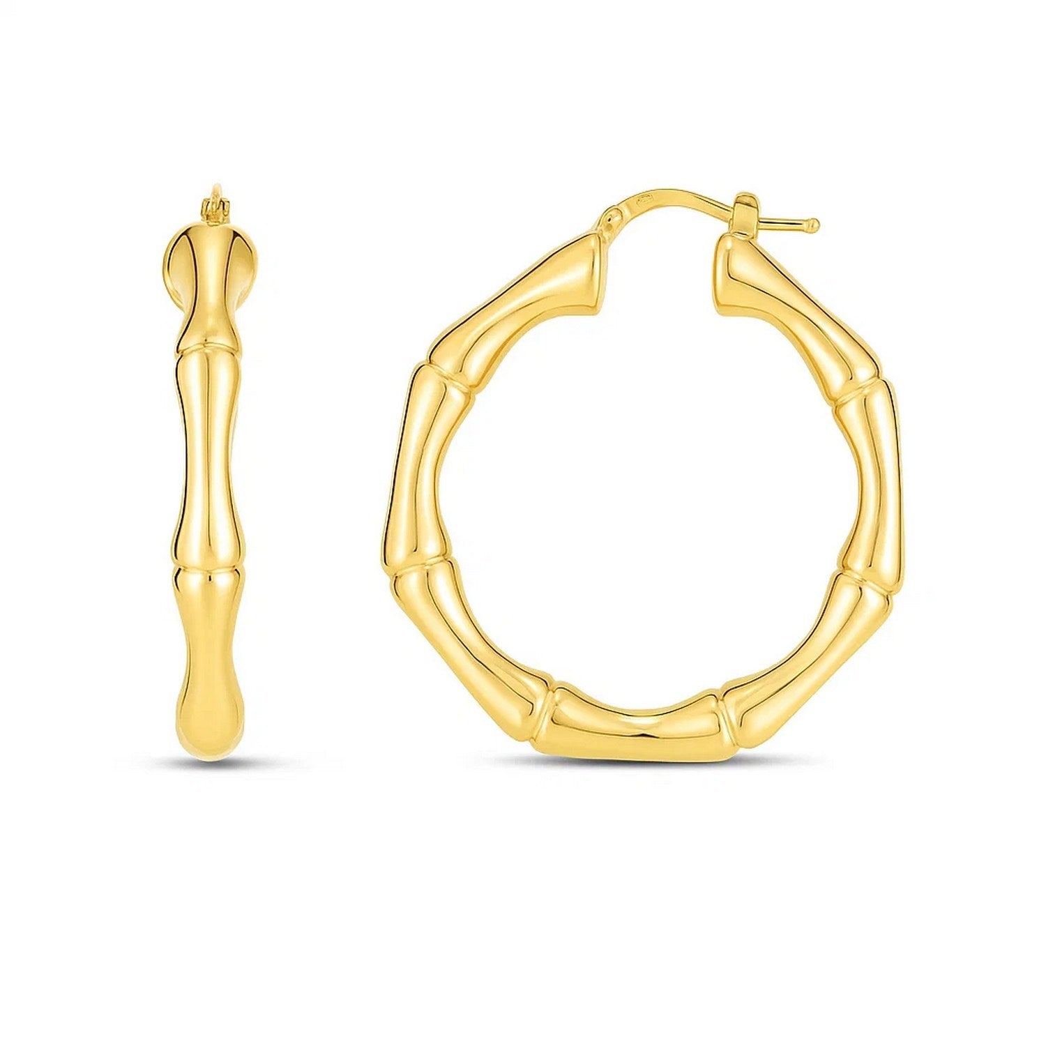 14k yellow gold textured large bamboo hoop earrings, showcasing modern elegance and luxurious craftsmanship.
