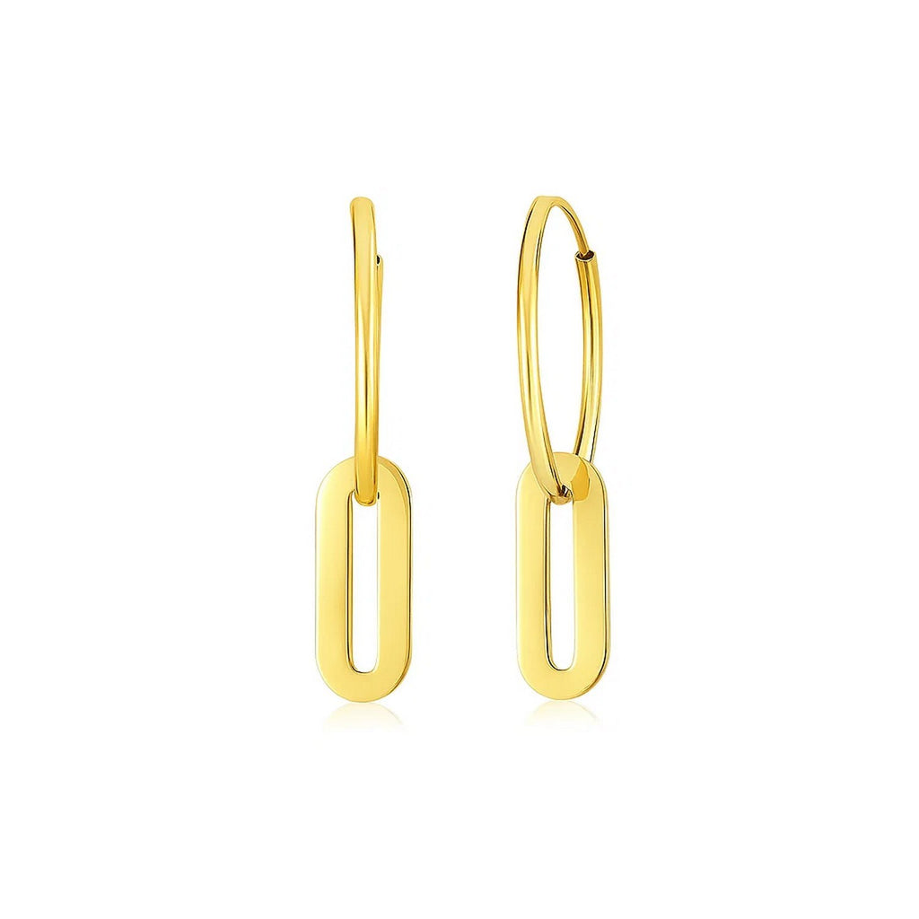 14k yellow gold huggie hoop earrings featuring elegant paperclip link drops for a modern, luxurious look.