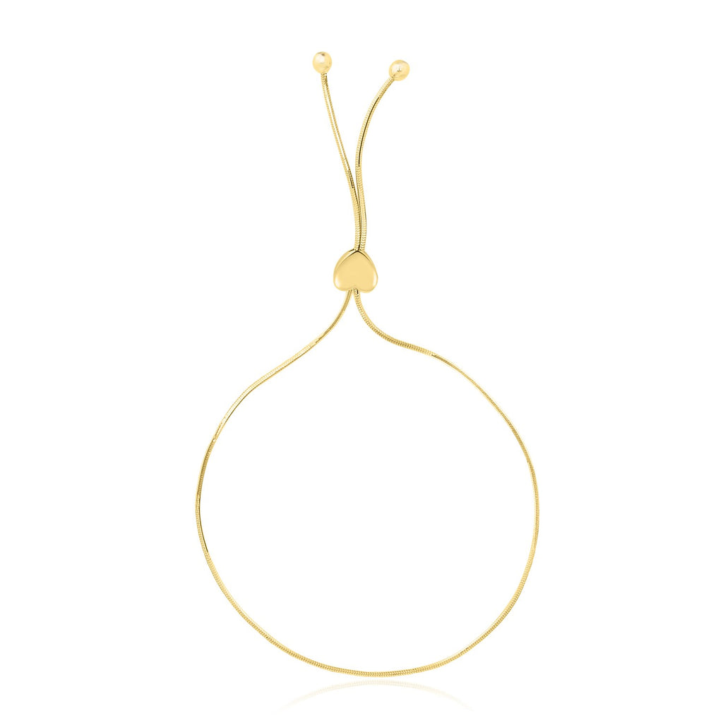 14k yellow gold adjustable lariat bracelet featuring a modern heart motif and delicate chain design.
