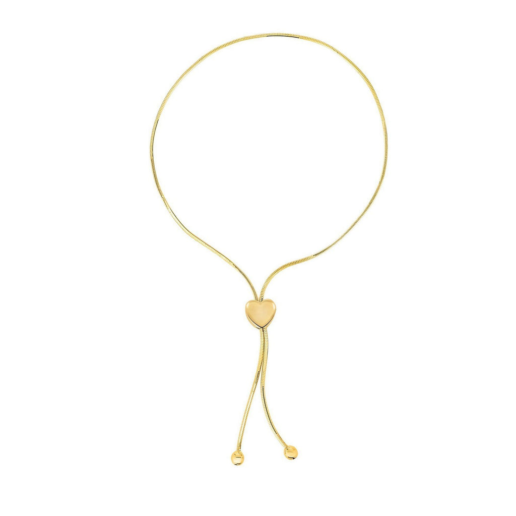 14k yellow gold adjustable lariat bracelet featuring a modern heart motif and delicate chain design.