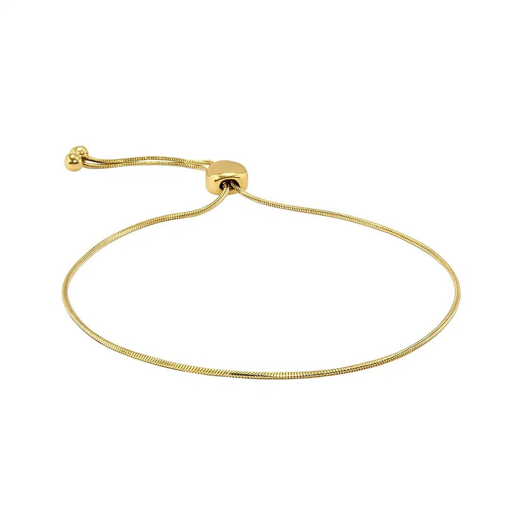 14k yellow gold adjustable lariat bracelet featuring a modern heart motif and delicate chain design.