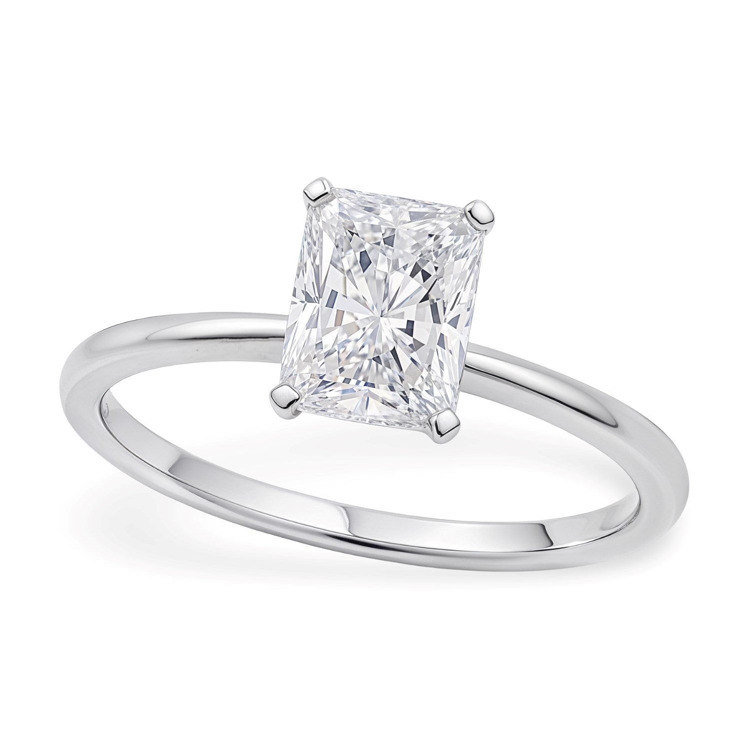 1 1/2 carat radiant lab-grown diamond solitaire ring in 10K white gold, showcasing modern elegance and timeless beauty.