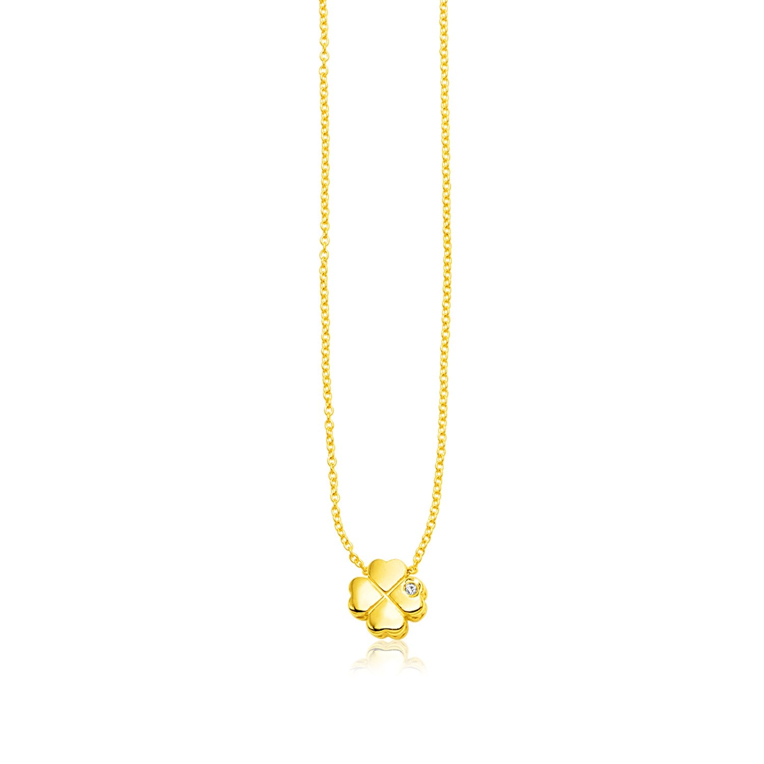 14k yellow gold polished four leaf clover necklace adorned with a sparkling diamond, exuding elegance and charm.