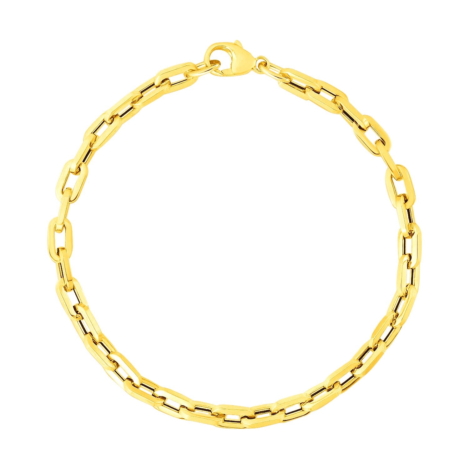 14k yellow gold modern paperclip chain bracelet featuring elegant links, 7 1/2 inches in length.