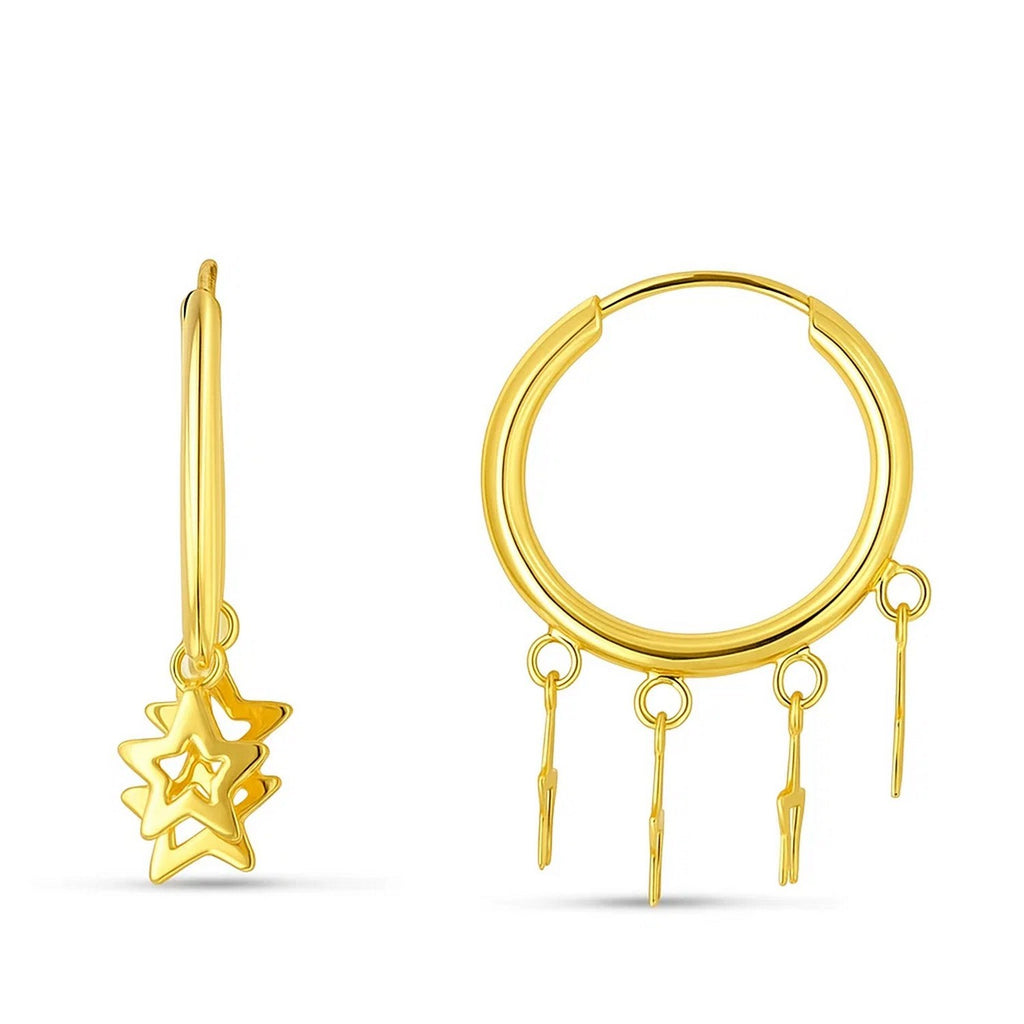 14k yellow gold huggie hoop earrings featuring an elegant endless star charm design for a luxurious touch.