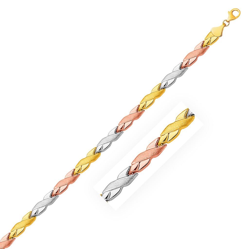 14k tri-color gold bracelet featuring shiny and textured X link design, perfect for elegant styling.