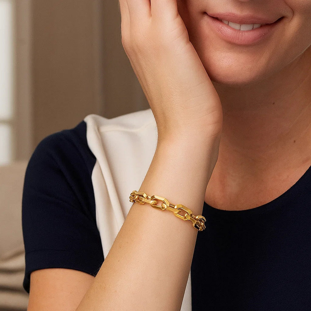 14k yellow gold faceted octagonal link chain bracelet showcasing modern elegance and luxurious craftsmanship.