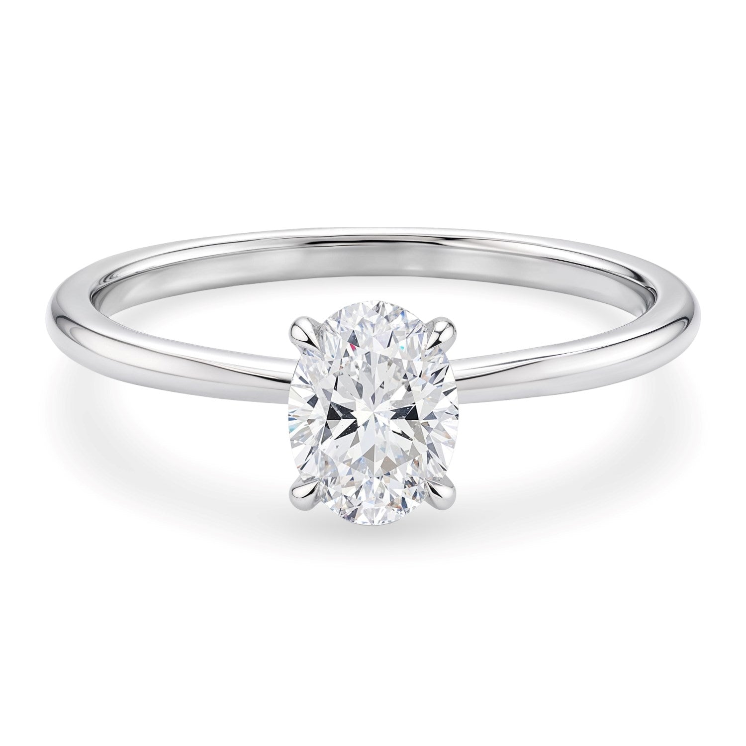 Elegant 10K white gold solitaire ring featuring a 1 carat oval lab-grown diamond in a stunning halo setting.