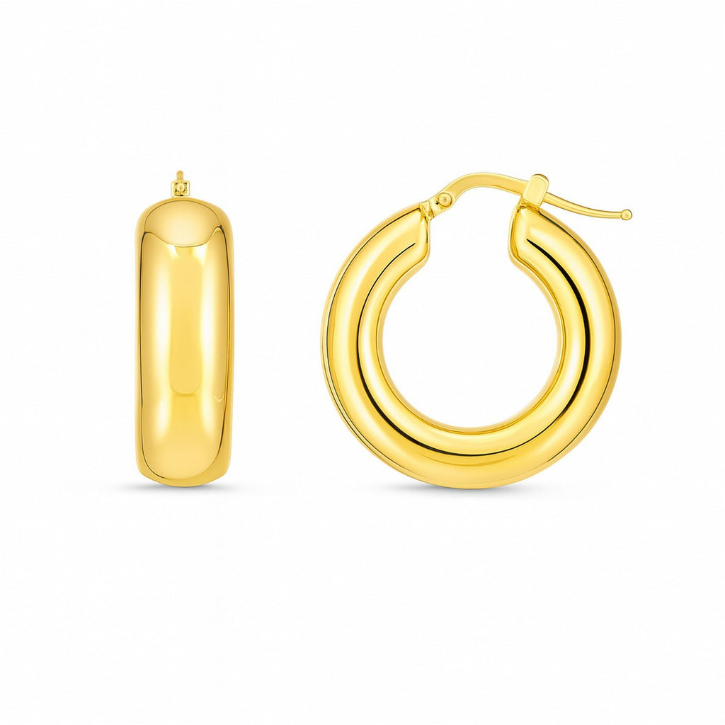 14k yellow gold polished medium hoop earrings with a modern design, perfect for elegant everyday wear.
