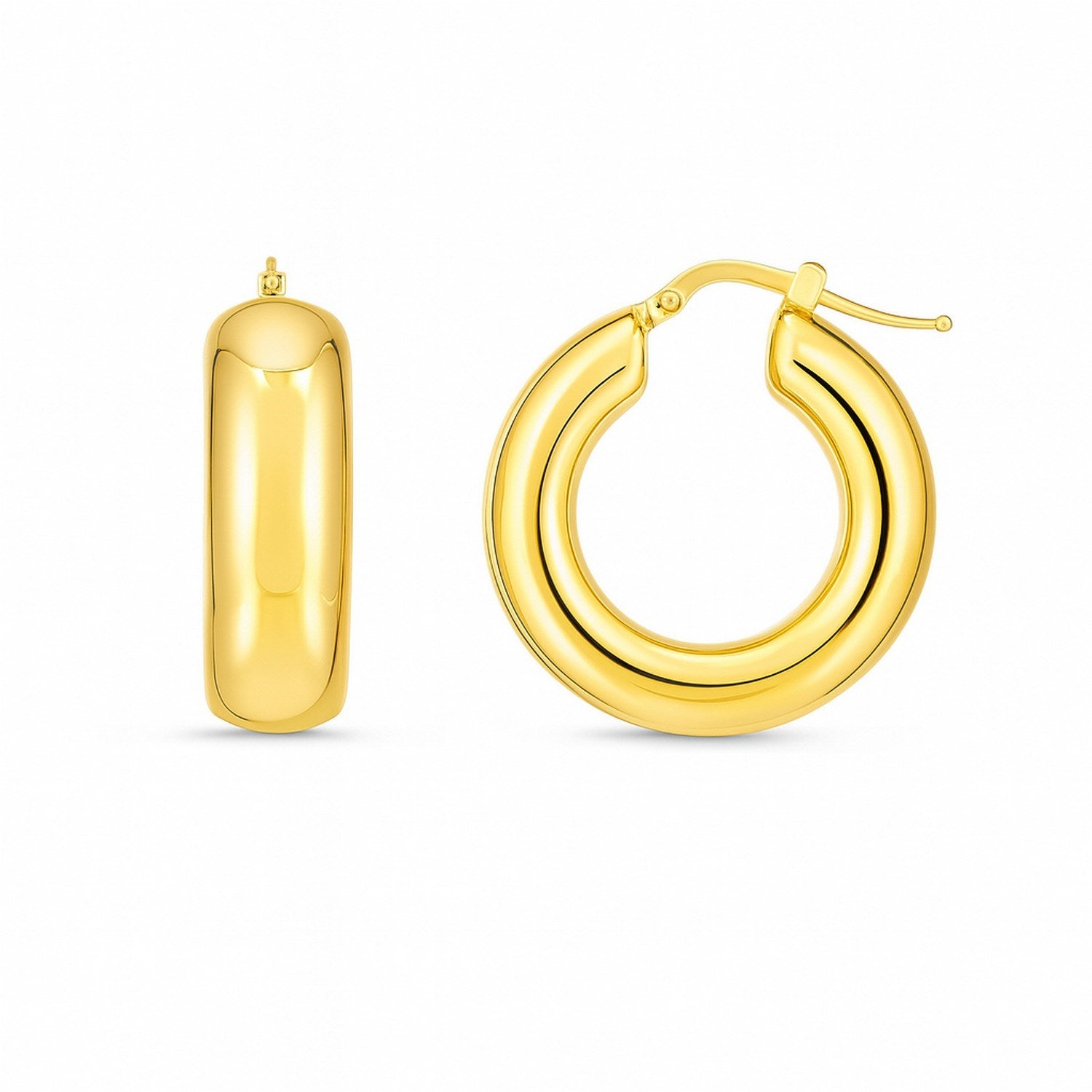 14k yellow gold polished medium hoop earrings with a modern design, perfect for elegant everyday wear.
