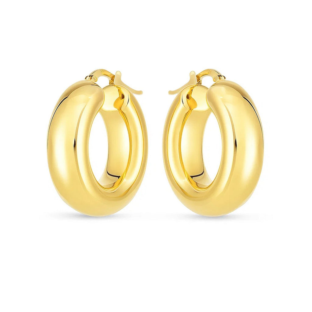 14k yellow gold polished medium hoop earrings with a sleek modern design, perfect for elegant everyday wear.