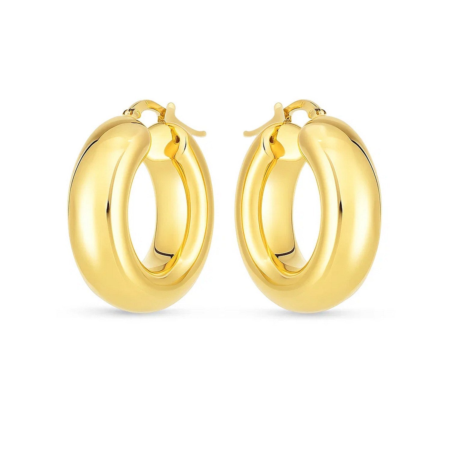 14k yellow gold polished medium hoop earrings with a sleek modern design, perfect for elegant everyday wear.