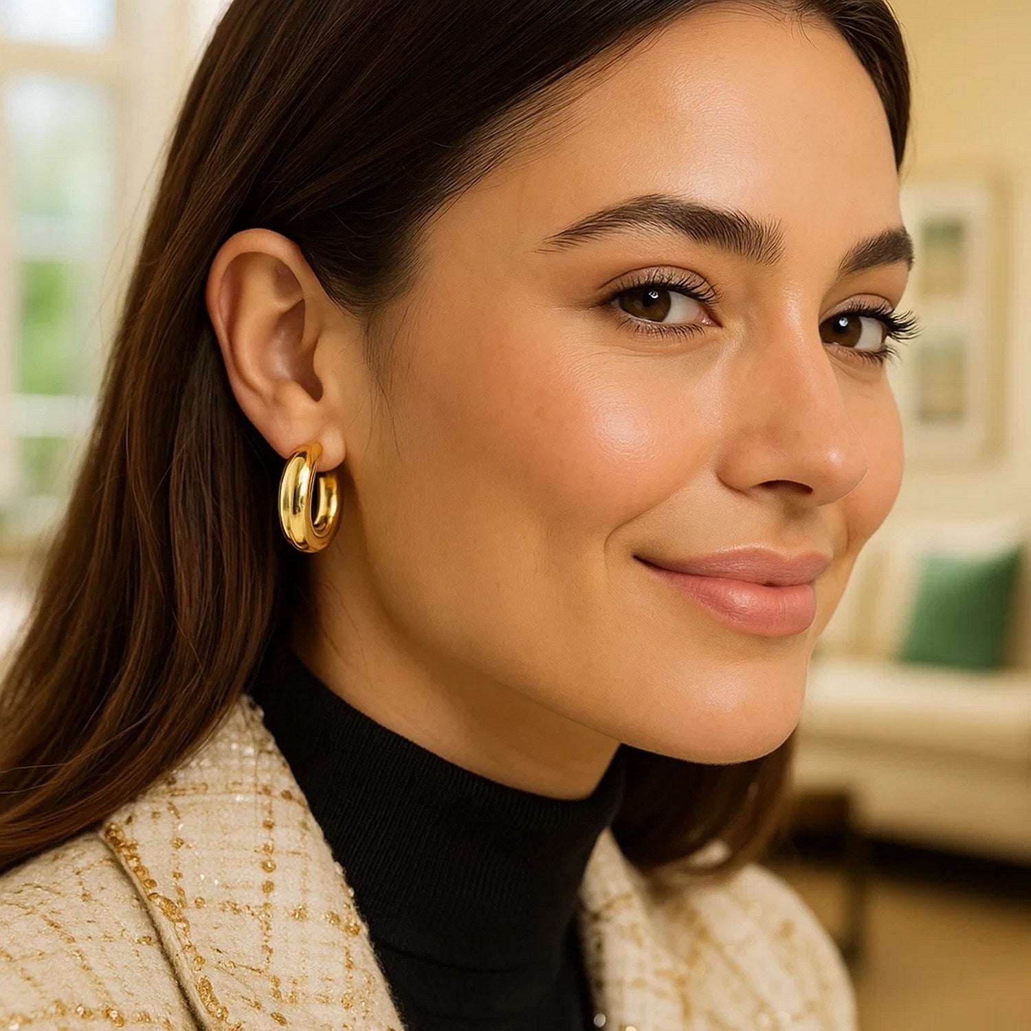 14k yellow gold polished medium hoop earrings with a sleek modern design, perfect for elegant everyday wear.