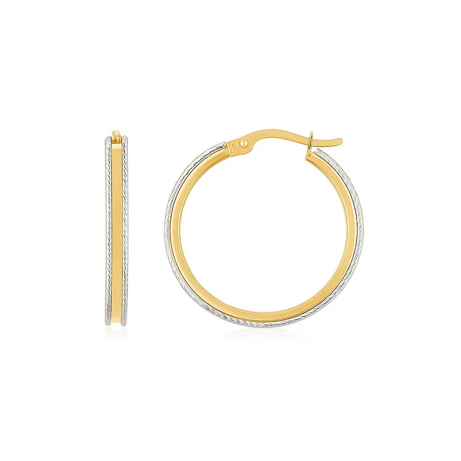 14K two-tone gold diamond cut hoop earrings featuring a contemporary design for elegant sophistication.