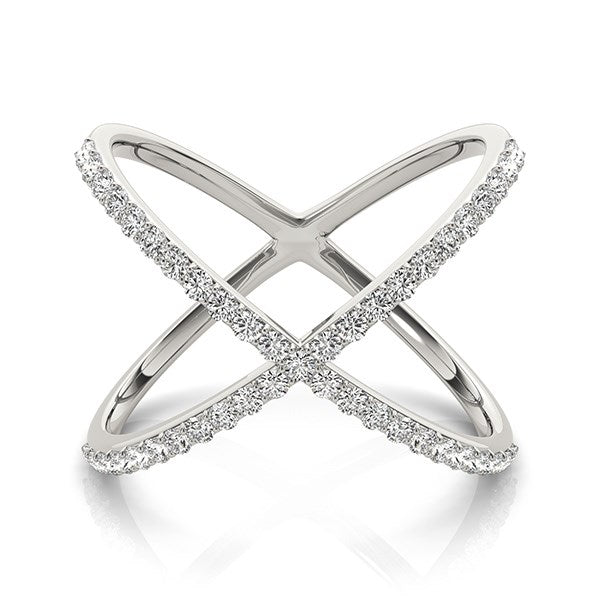 14k white gold X style thin ring adorned with sparkling diamonds, showcasing modern luxury and elegance.