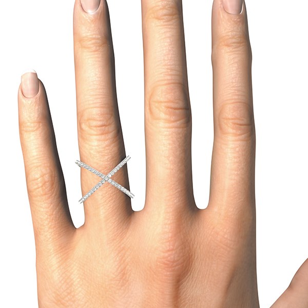 14k white gold X style thin ring adorned with sparkling diamonds, showcasing modern luxury and elegance.