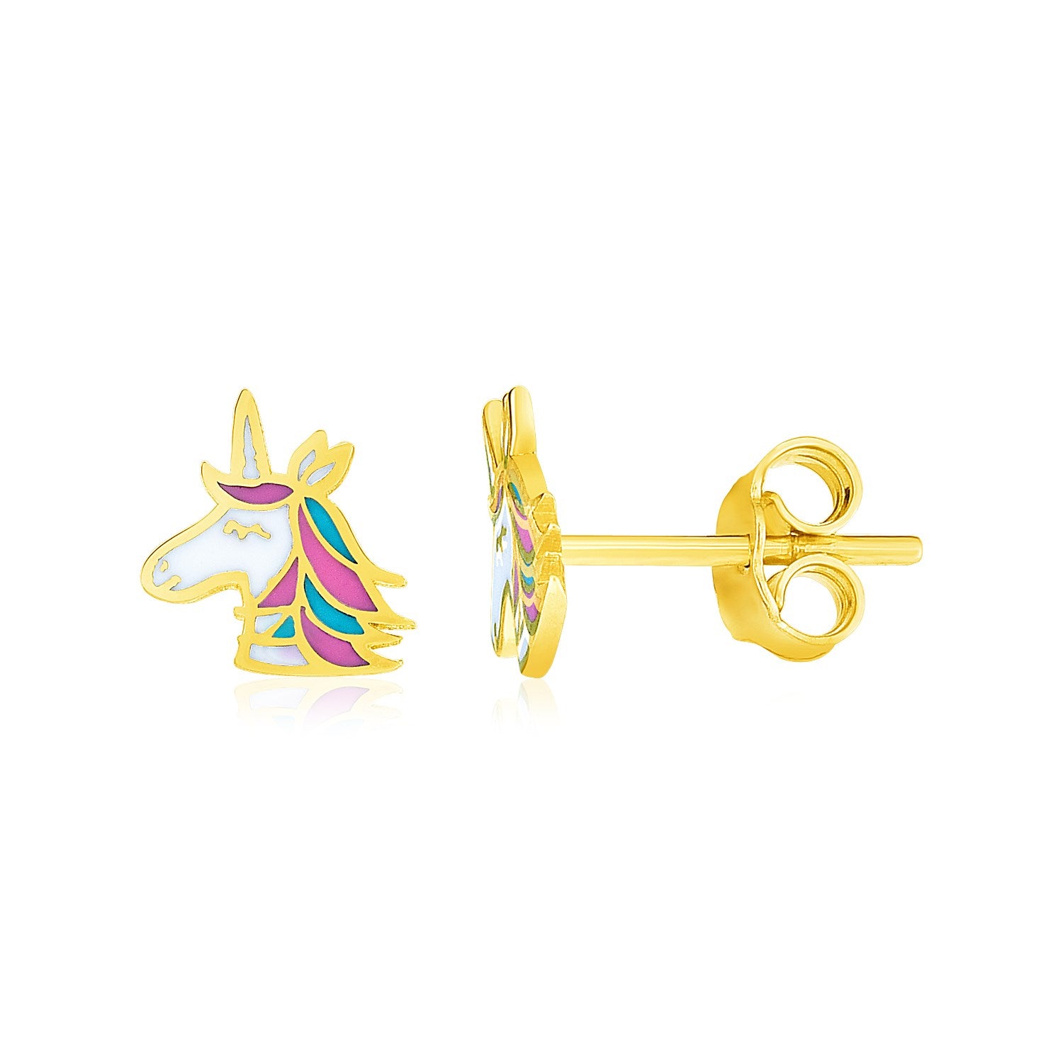 14k yellow gold enameled unicorn stud earrings for children, featuring an elegant design perfect for young jewelry lovers.