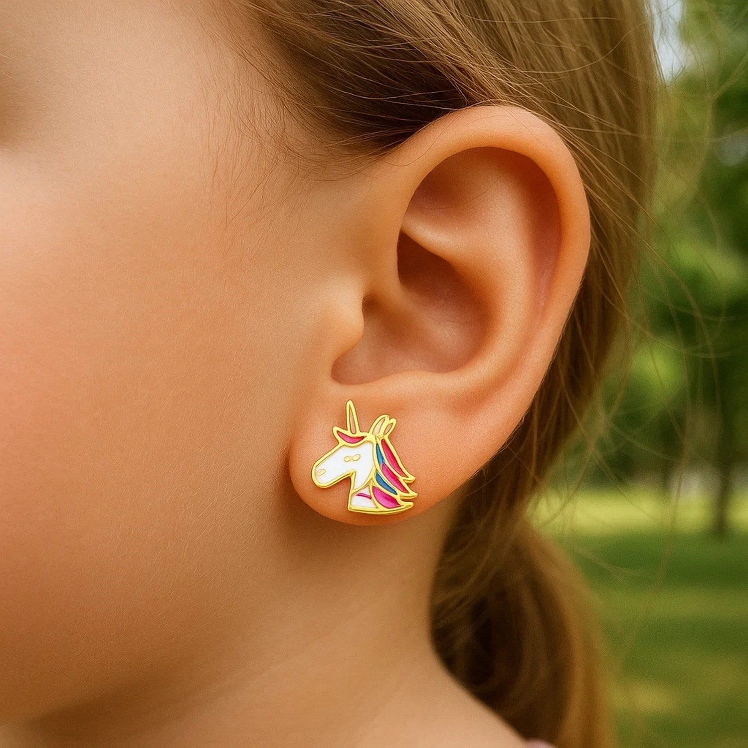 14k yellow gold enameled unicorn stud earrings for children, featuring an elegant design perfect for young jewelry lovers.