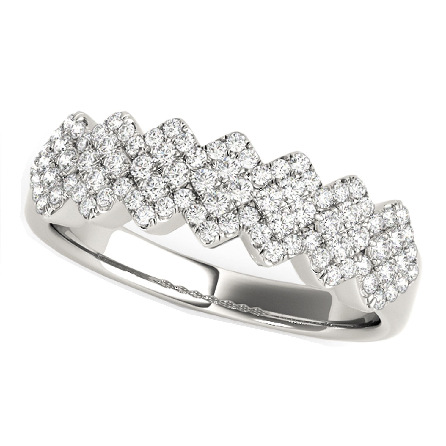 Diamond studded wide multi-diagonal pattern ring in 14k white gold, showcasing contemporary elegance and luxury.
