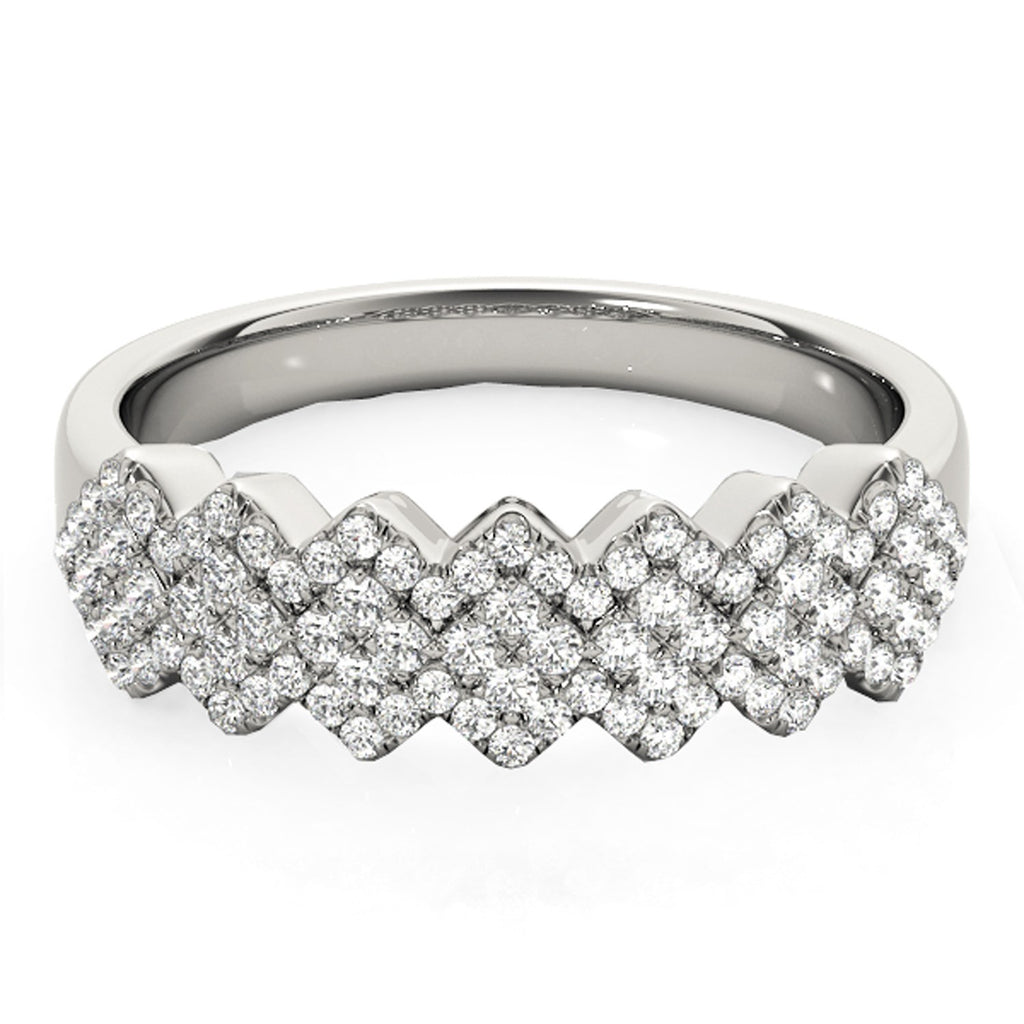 Diamond studded wide multi-diagonal pattern ring in 14k white gold, showcasing contemporary elegance and luxury.