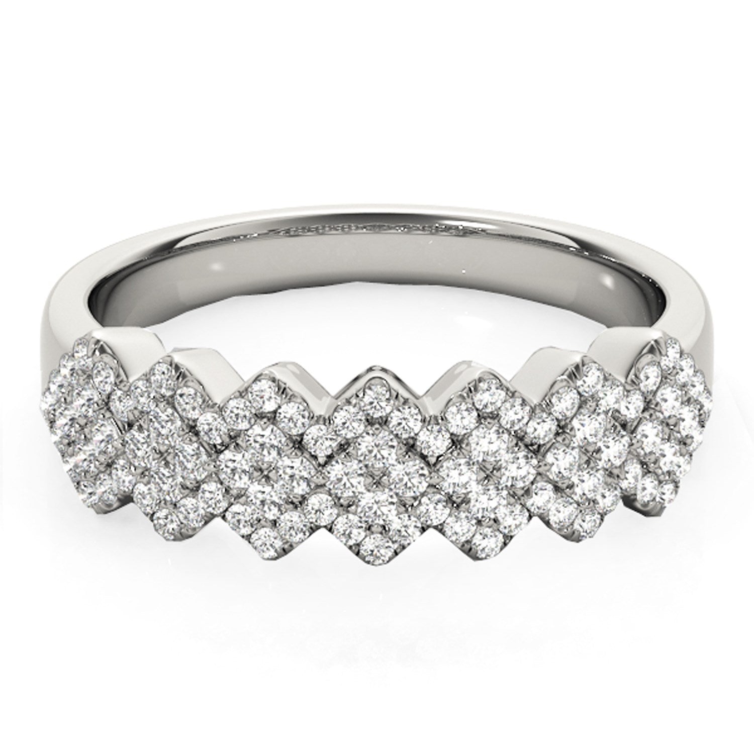 Diamond studded wide multi-diagonal pattern ring in 14k white gold, showcasing contemporary elegance and luxury.