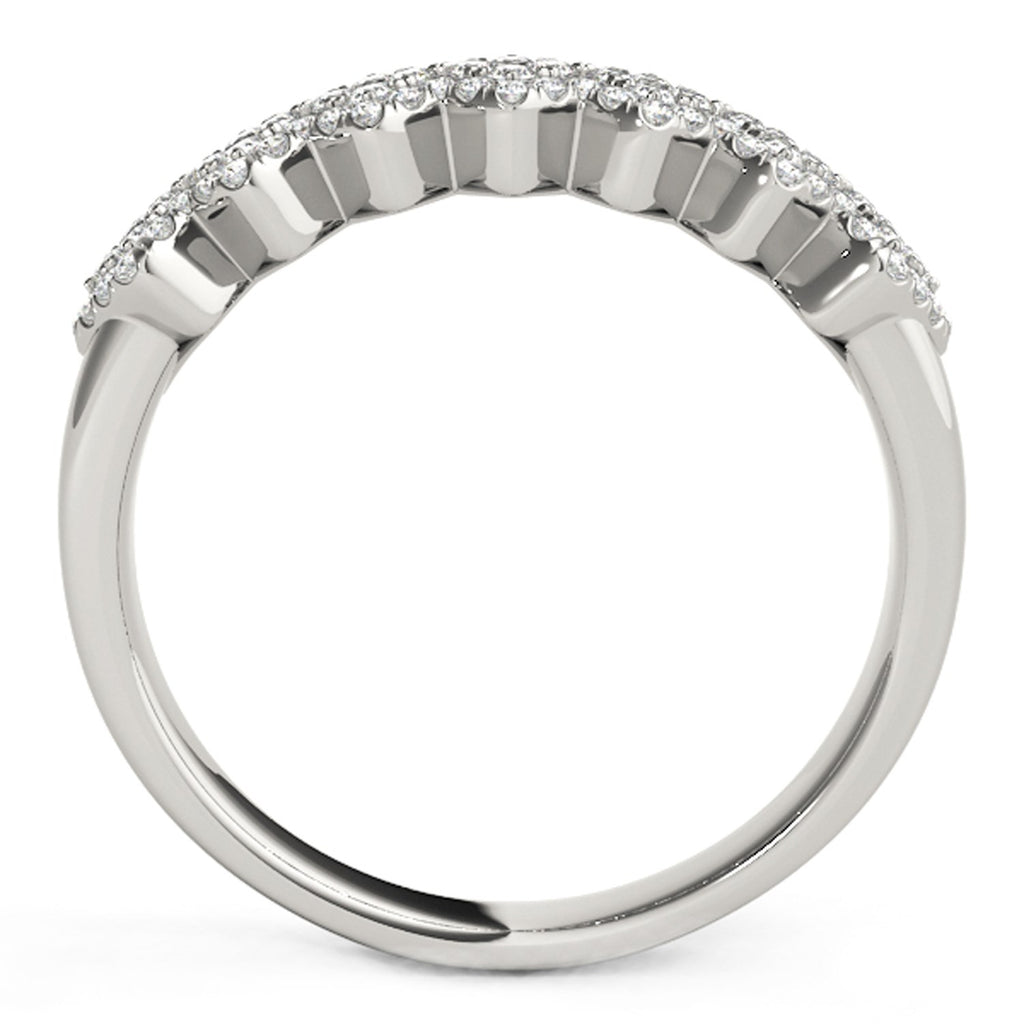 Diamond studded wide multi-diagonal pattern ring in 14k white gold, showcasing contemporary elegance and luxury.