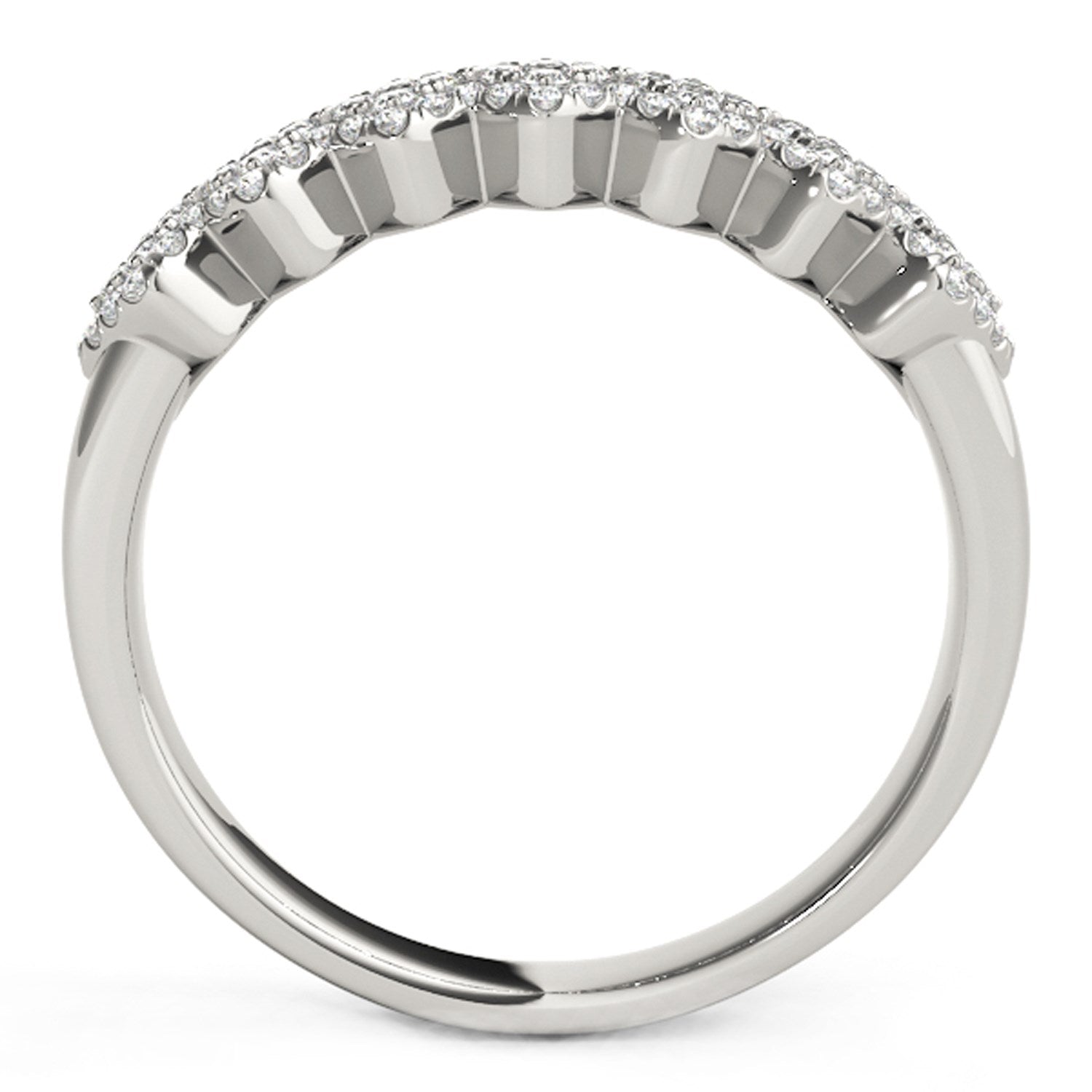 Diamond studded wide multi-diagonal pattern ring in 14k white gold, showcasing contemporary elegance and luxury.