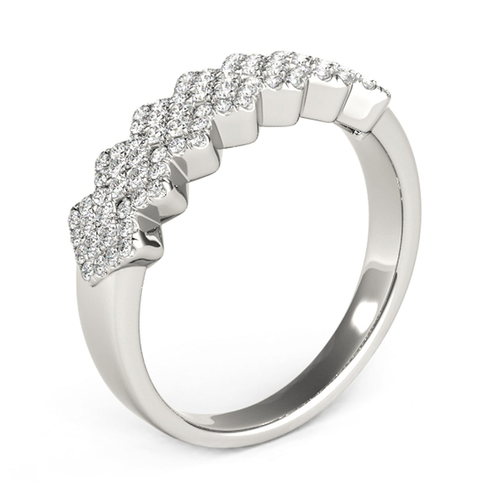 Diamond studded wide multi-diagonal pattern ring in 14k white gold, showcasing contemporary elegance and luxurious design.