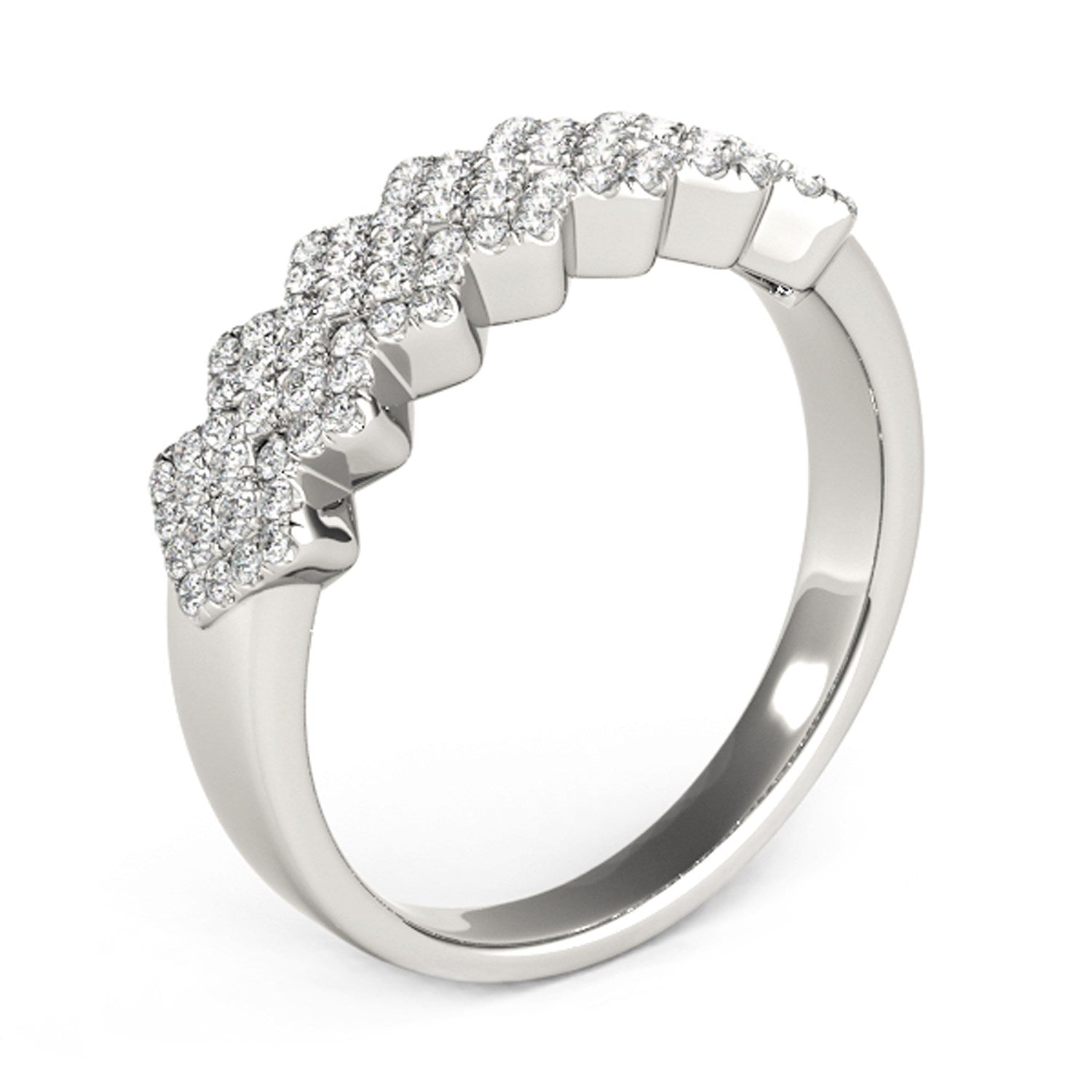 Diamond studded wide multi-diagonal pattern ring in 14k white gold, showcasing contemporary elegance and luxurious design.