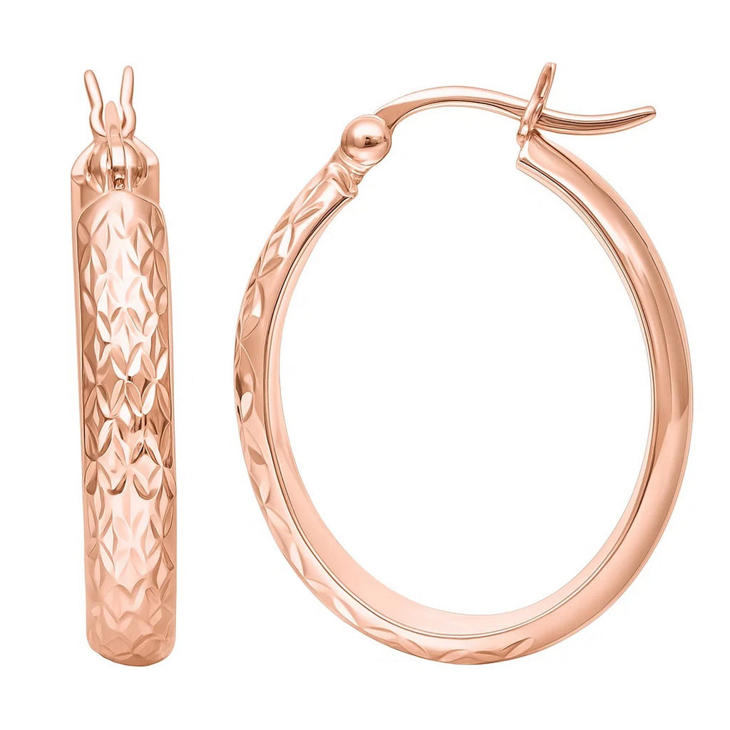 14k rose gold hammered oval hoop earrings, showcasing a contemporary design for elegant, everyday luxury.
