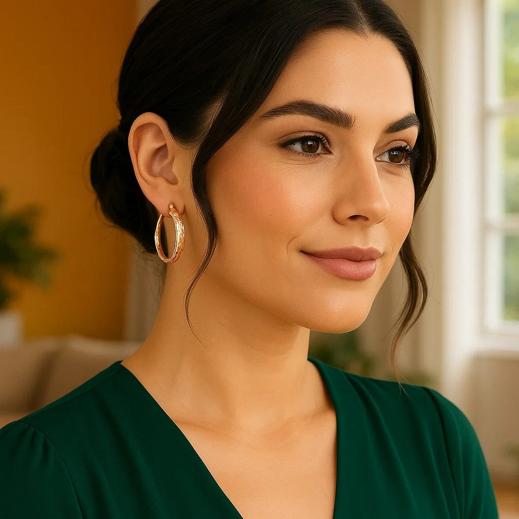 14k rose gold hammered oval hoop earrings showcasing contemporary elegance and unique texture for a luxurious look.