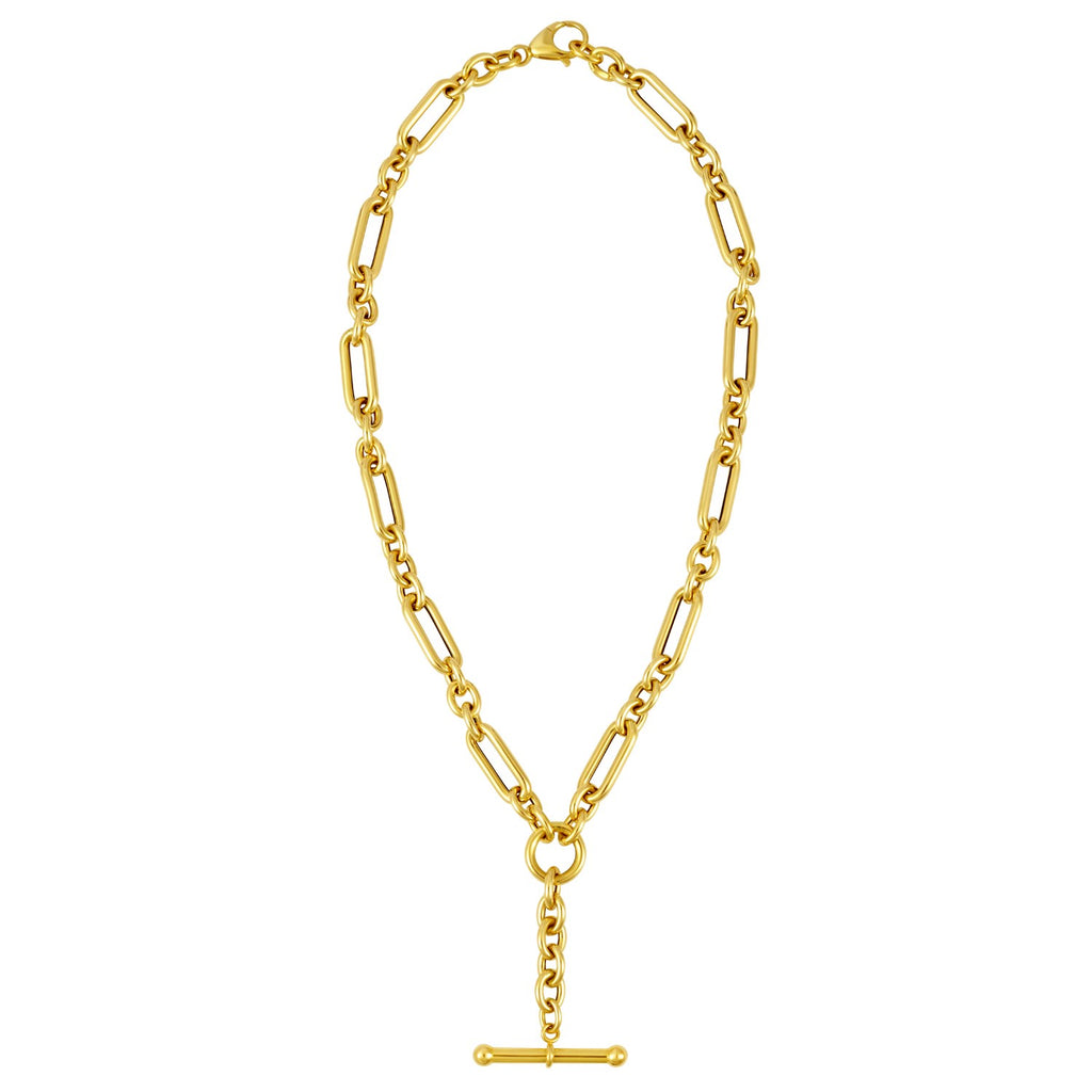 14k yellow gold toggle necklace featuring an alternating chain design for a modern, elegant look.