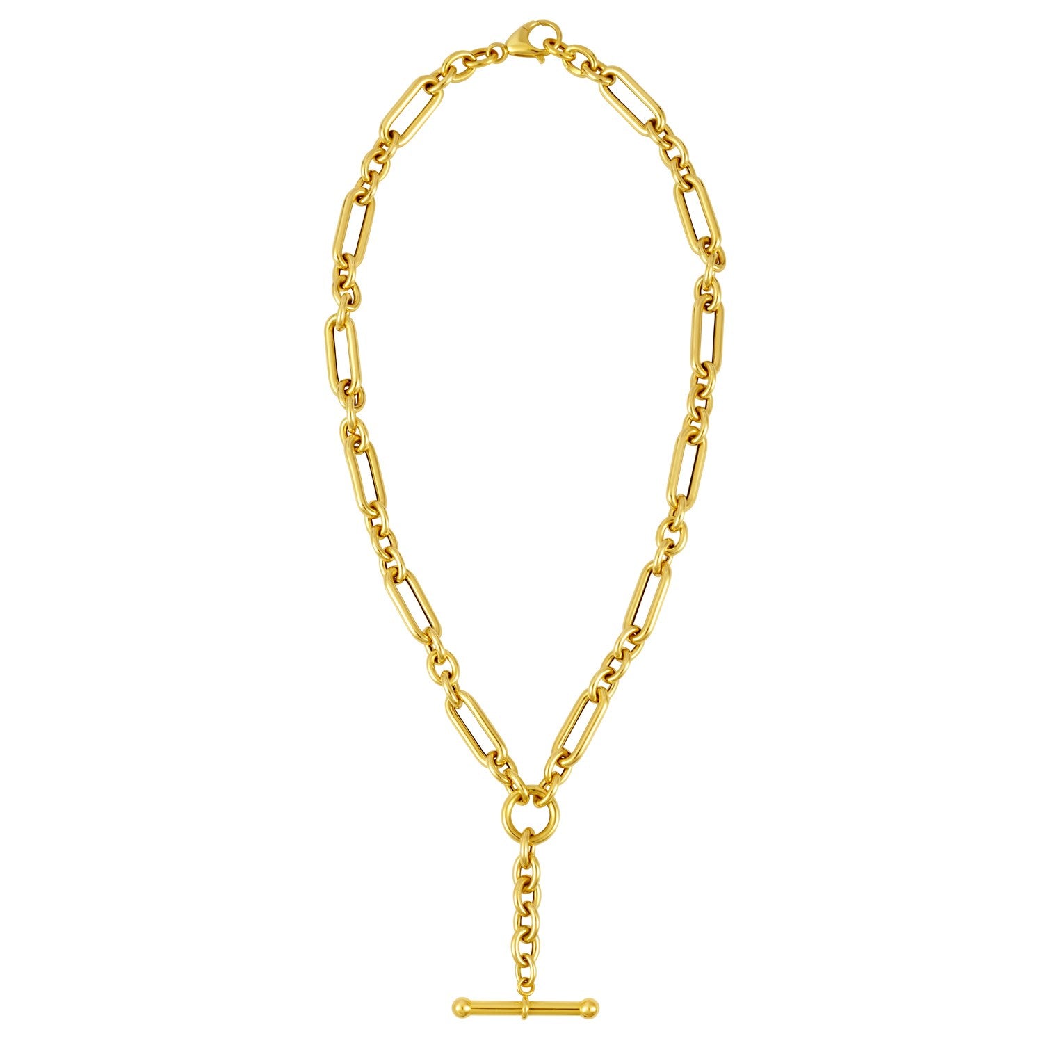 14k yellow gold toggle necklace featuring an alternating chain design for a modern, elegant look.