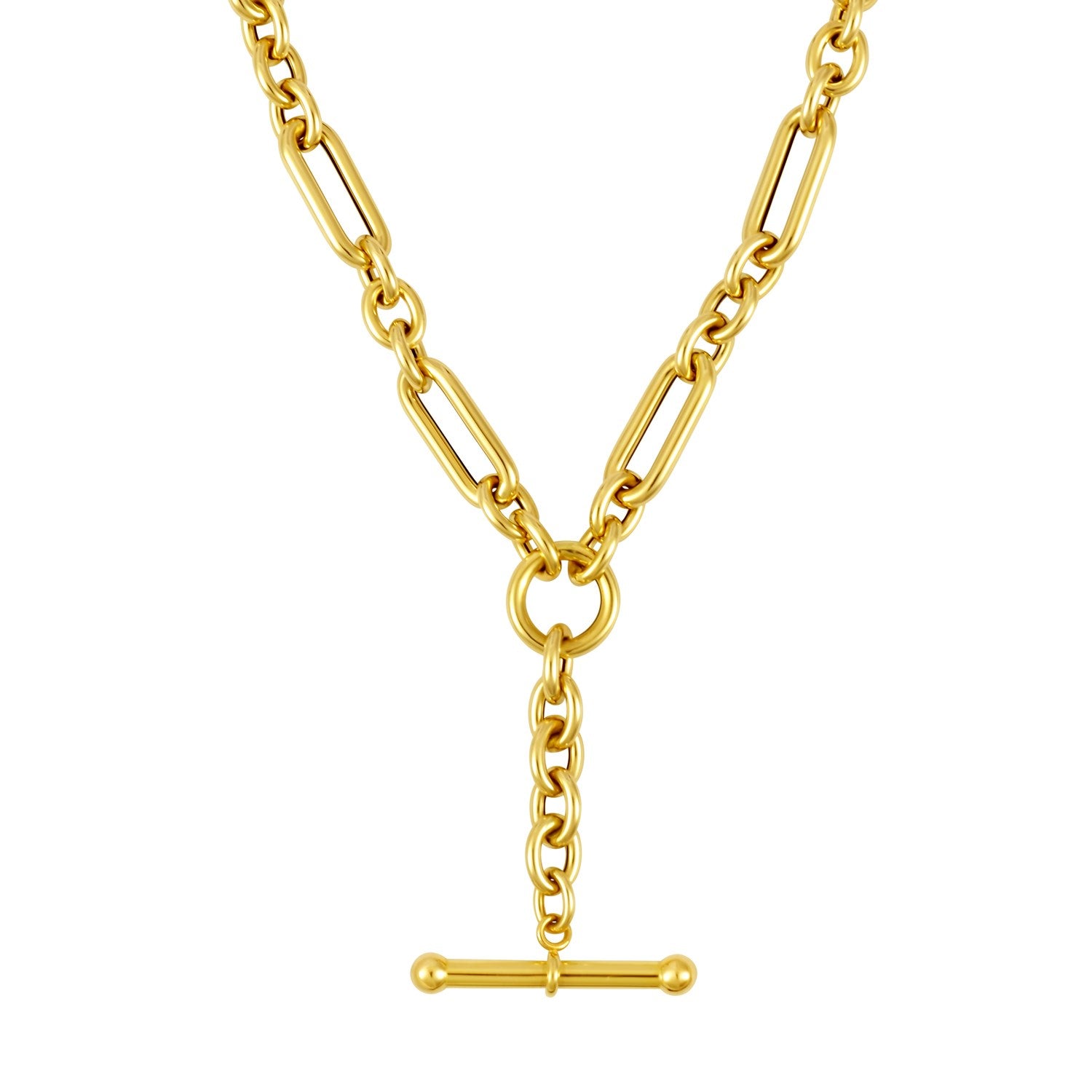 14k yellow gold toggle necklace with modern alternating chain design, showcasing elegance and sophistication.