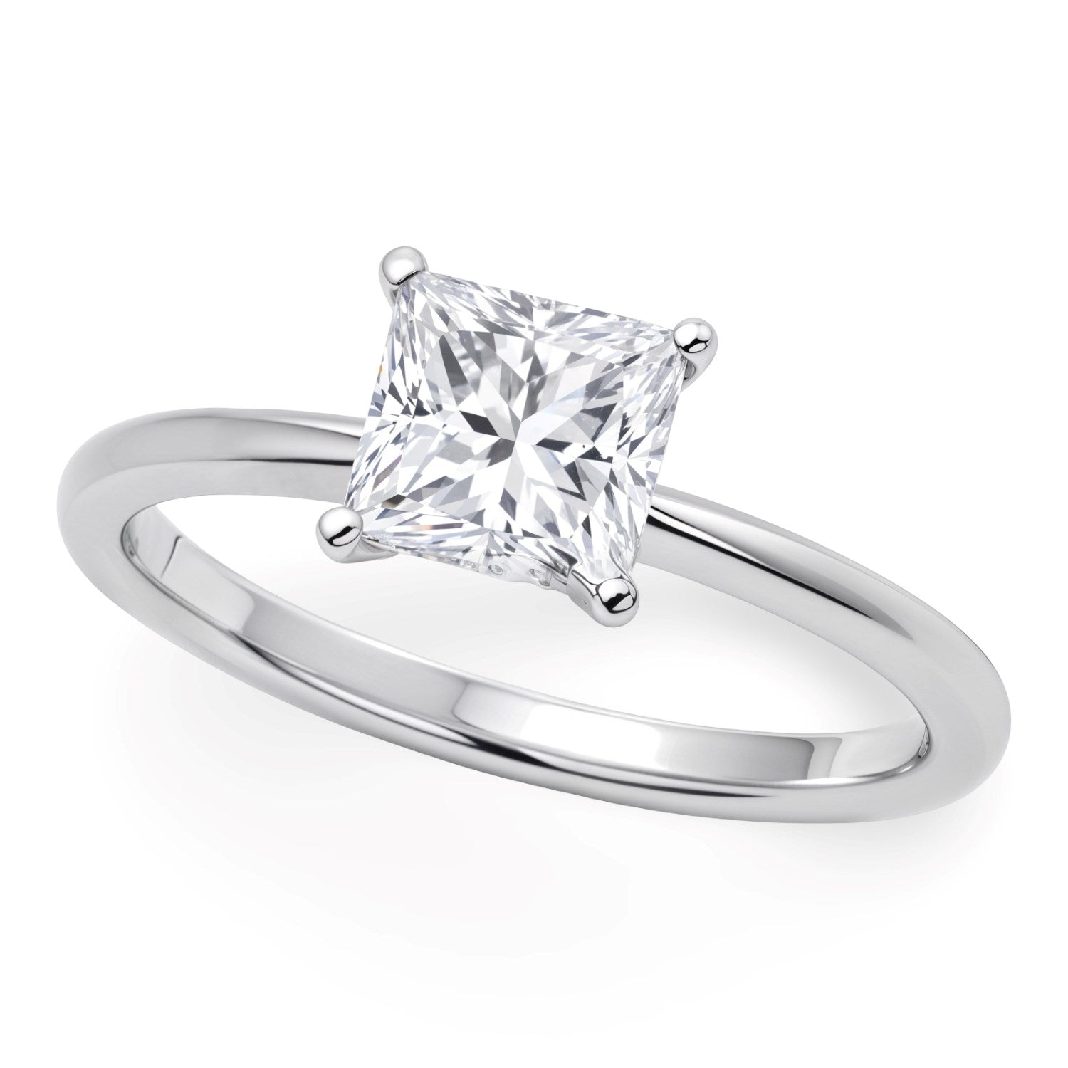 1 carat princess cut diamond solitaire ring in 10K white gold, showcasing modern elegance and timeless luxury.