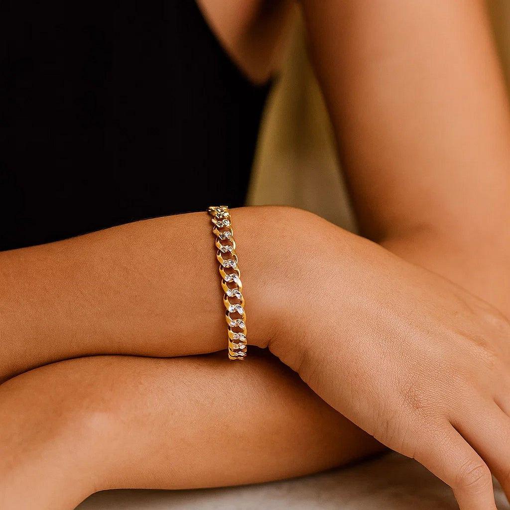 14k two-tone gold pave curb bracelet showcasing modern luxury with a sleek 5.70 mm design and exquisite craftsmanship.