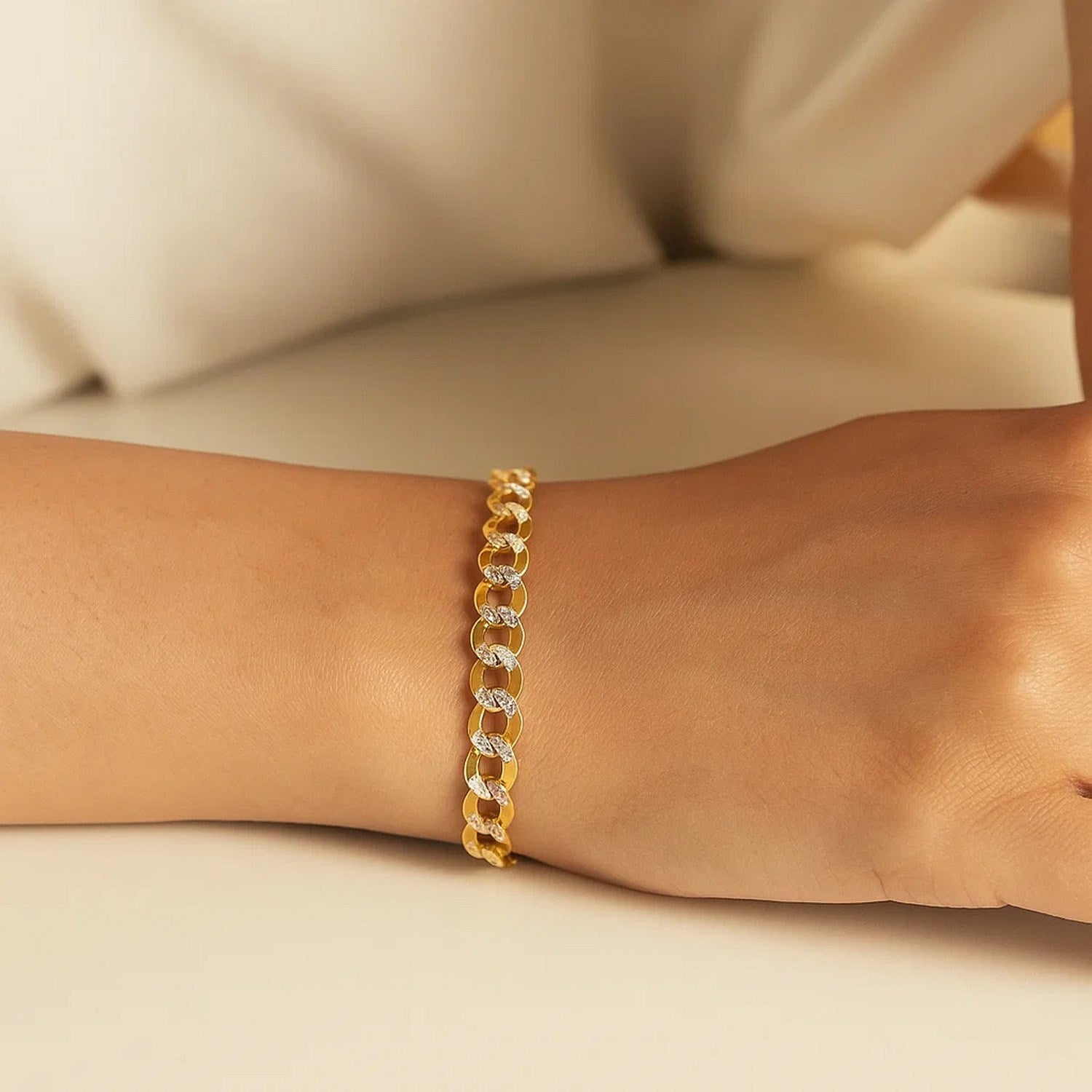 14k two-tone gold pave curb bracelet featuring a modern design and luxurious finish, perfect for elegant styling.