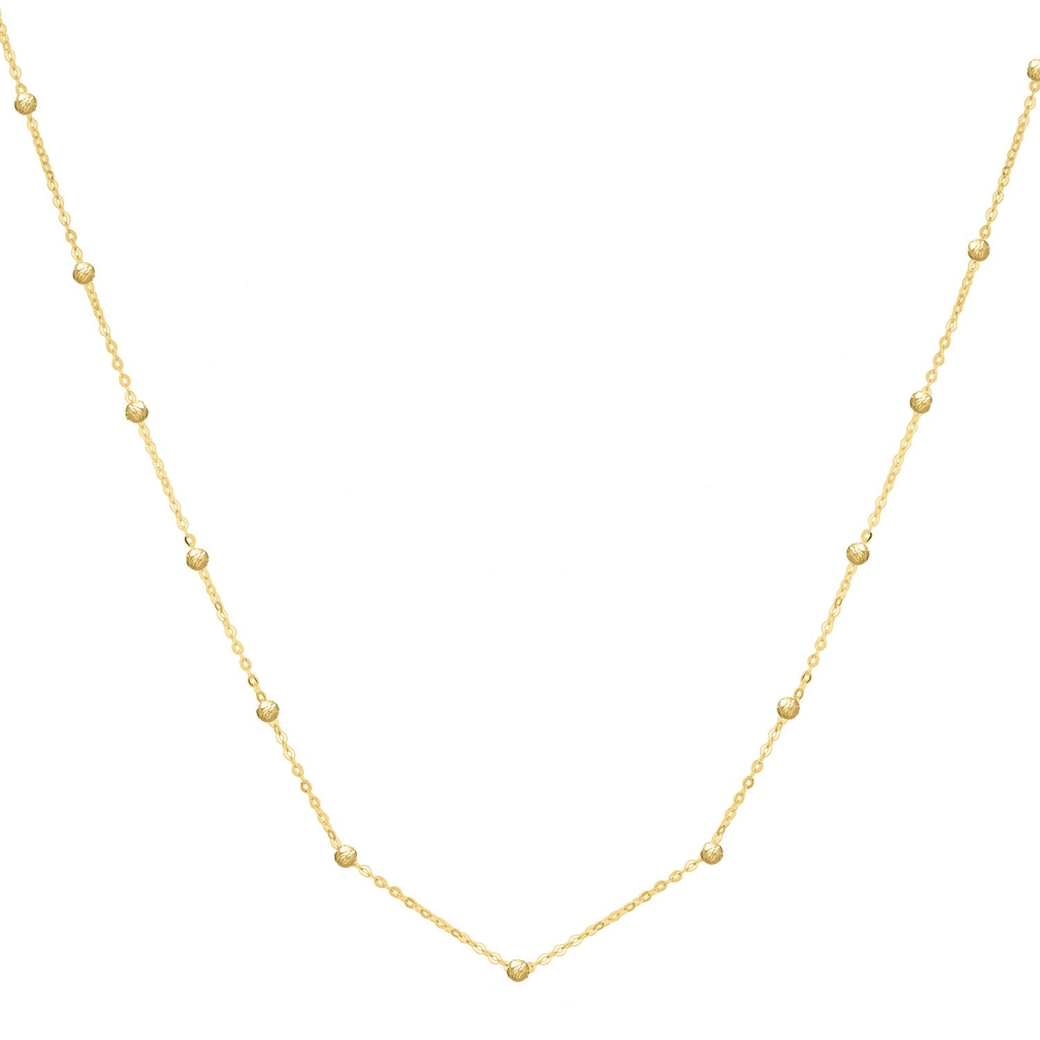 Textured Saturn bead necklace in 14k yellow gold with a modern chain design, perfect for elegant layering.