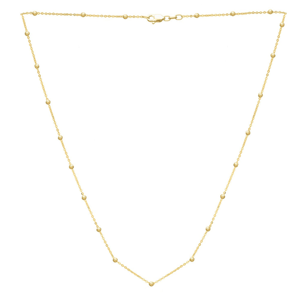 Textured 14k yellow gold Saturn bead necklace with modern chain design, showcasing elegance and luxury.