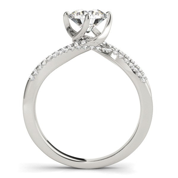 14k white gold spiral engagement ring featuring prong-set diamonds, showcasing a modern and elegant design.